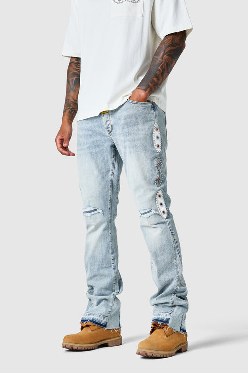 Stud Flare Jean - Light Blue Denim
