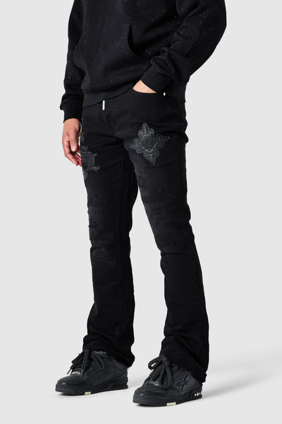 Icon Pu Patch Flare Jean - Black Denim