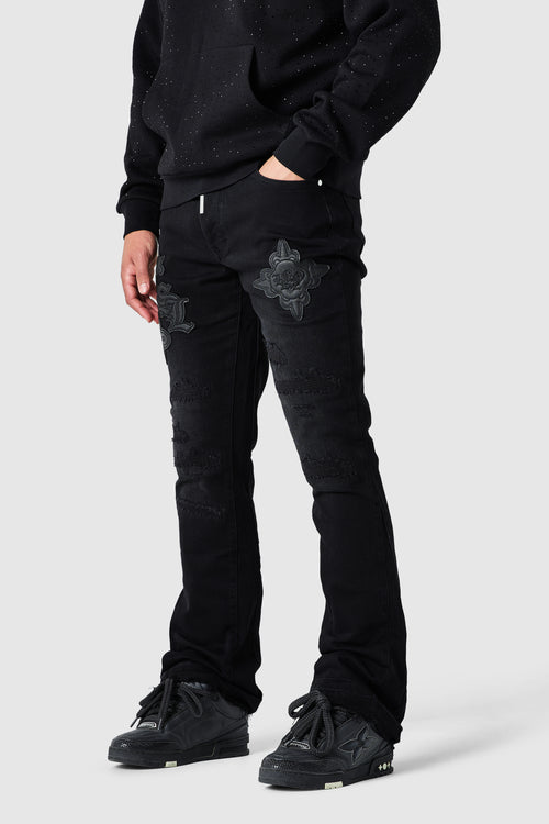 Icon Pu Patch Flare Jean - Black Denim