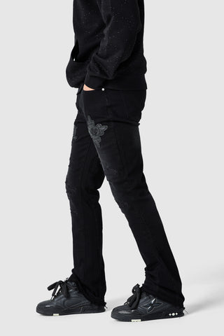 Icon Pu Patch Flare Jean - Black Denim