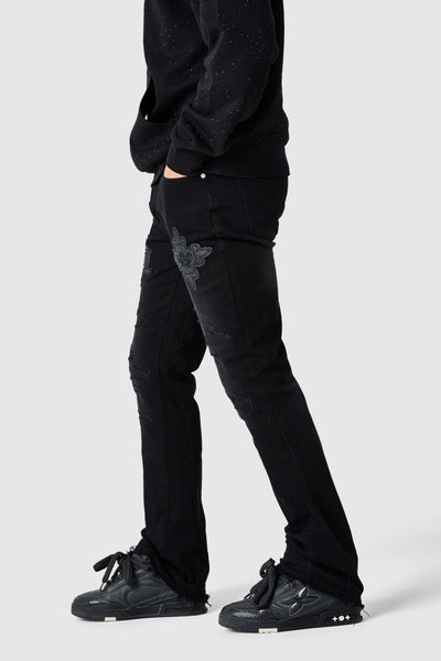 Icon Pu Patch Flare Jean - Black Denim