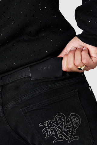 Icon Pu Patch Flare Jean - Black Denim