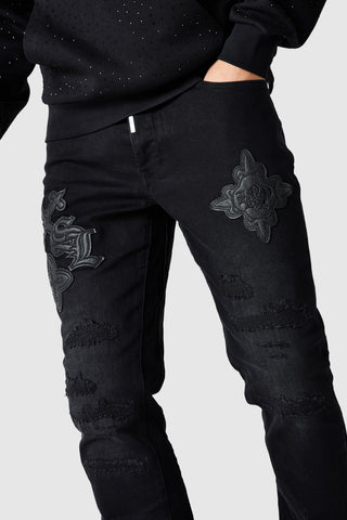 Icon Pu Patch Flare Jean - Black Denim
