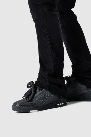 Icon Pu Patch Flare Jean - Black Denim
