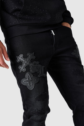 Icon Pu Patch Flare Jean - Black Denim