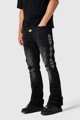 Stud Flare Jean - Black Denim