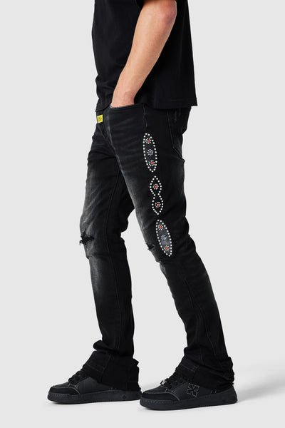 Stud Flare Jean - Black Denim