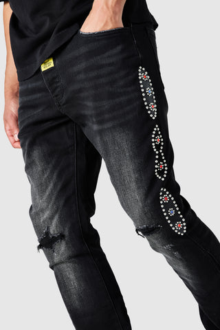 Stud Flare Jean - Black Denim